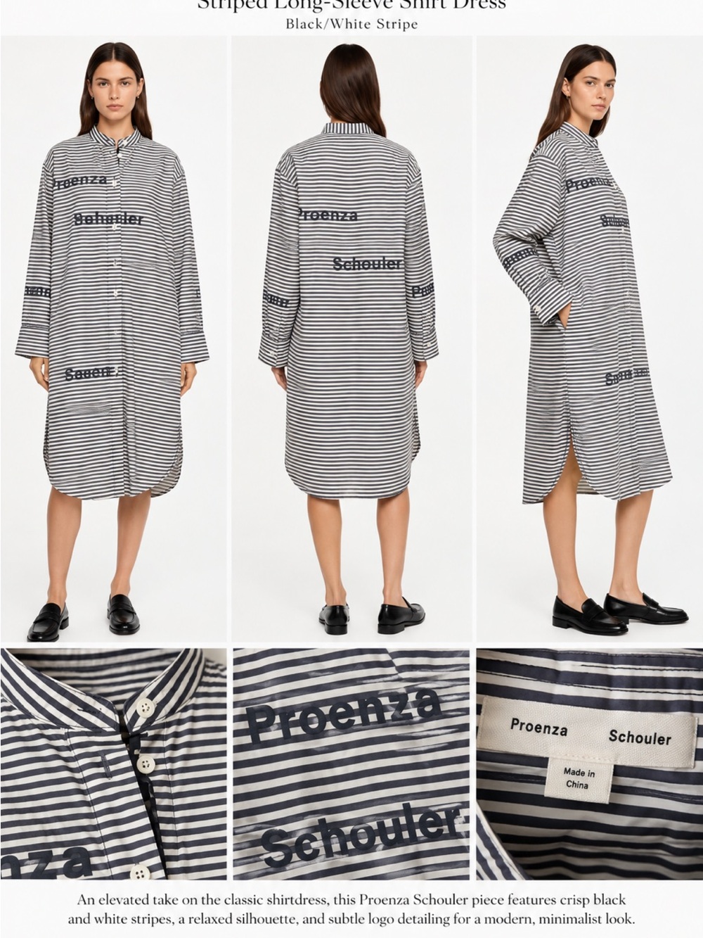 Proenza Schouler Black and White Striped Long-Sleeve Shirt Dress
